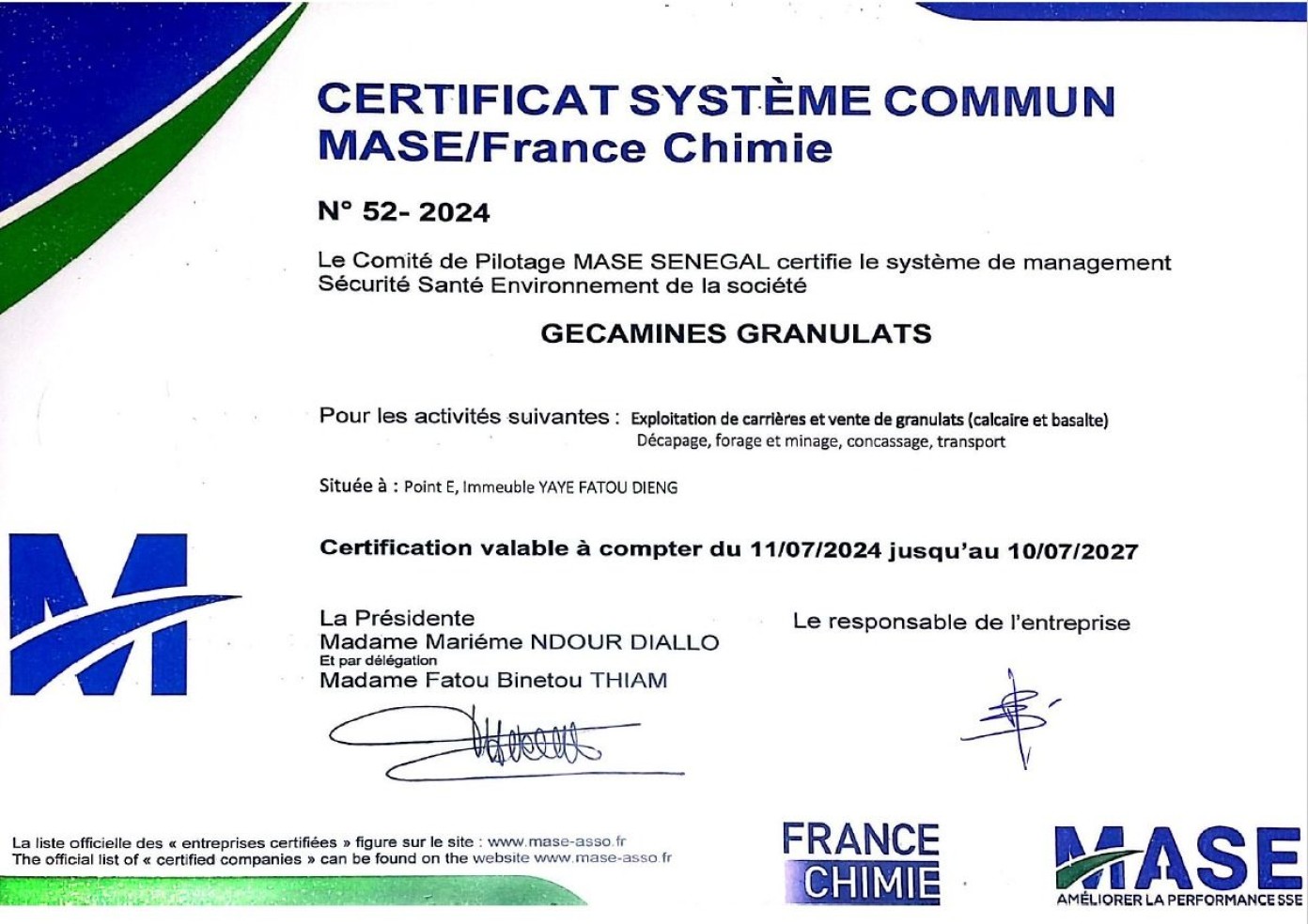 Certificat MASE GECAMINES GRANULATS